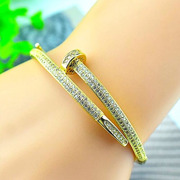 Gold Nail Zircon Screw Tack Bangle Bracelet - Picture 7 of 9